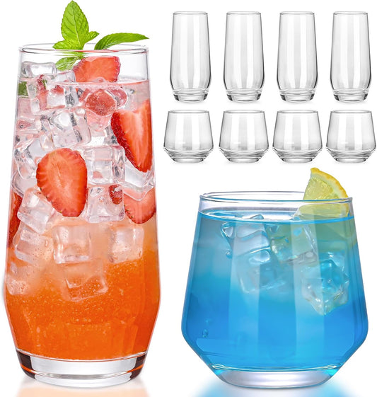 ZMOWIPDL Drinking Glasses Set of 8,Clear 13 oz & 18oz Crystal Glass Cups,Drinkware Glassware,Highball Water Tumbler,Short Stemless Wine Glasses，for Beer,Cocktail,Whiskey,Juice and Various Mixed Drinks