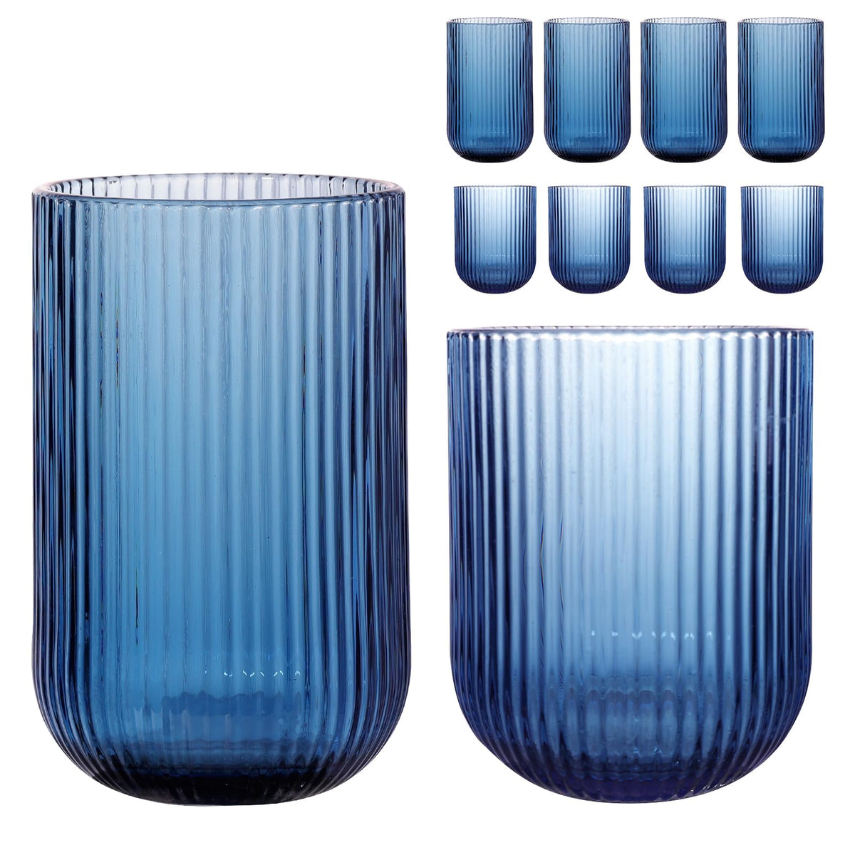 Set of 8 Ribbed Glassware,4 Highball Glasses 14oz & 4 Rocks Drinking Glasses 9oz, Green, Origami Style, Fluted Design, for Milk, Water, Cocktail, Juice, Beer, ToothBrush Cup, Gift