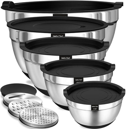 Umite Chef Mixing Bowls with Airtight Lids Set, 8PCS Stainless Steel Nesting Bowls with Grater Attachments, Non-Slip Bottoms, 5, 4, 3.5, 2, 1.5QT for Mixing & Serving