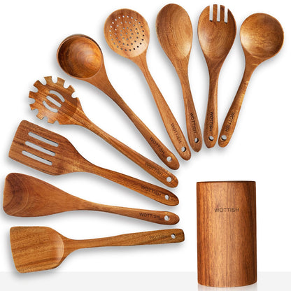 Wooden Spoons for Cooking - 8-Piece Wooden Kitchen Utensil Set made of Natural Solid Wood Material-Includes Spoons,Spatulas,Ladles,Mixing Spoon and Utensil Holder,Holiday Gifts(A08)