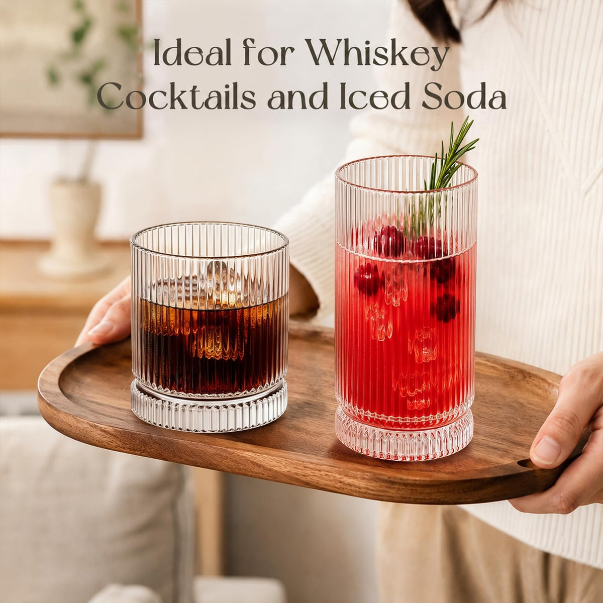 KEMORELA Ribbed Glassware Set of 8—4 Large Capacity Highball Glasses 16oz, 4 Rocks Glass Cups 13oz, Cocktail Glasses, Drinking Glasses Ideal for Beer, Juice, Ice Coffee Cup, Whiskey, Mixed Drinkware