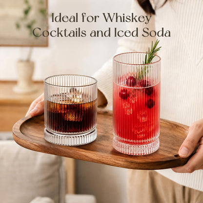 KEMORELA Ribbed Glassware Set of 8—4 Large Capacity Highball Glasses 16oz, 4 Rocks Glass Cups 13oz, Cocktail Glasses, Drinking Glasses Ideal for Beer, Juice, Ice Coffee Cup, Whiskey, Mixed Drinkware