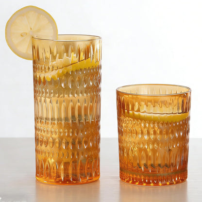 Loivttvv Glassware Drinking Glasses Set of 8, 14 oz Highball Glasses & 10 oz Ribbed Glass Cups, Vintage Glassware for Water, Juice, Cocktail, Whiskey (Blue)