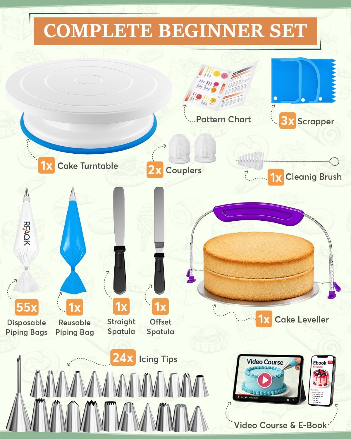 RFAQK 90PCs Cake Decorating Kit with Video Course for Beginner by Pro Baker
