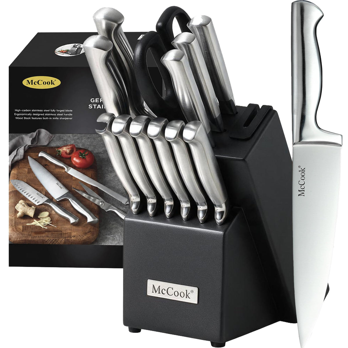 McCook Kitchen Knife Set 15PC Knife Block Set w Built-in Sharpener