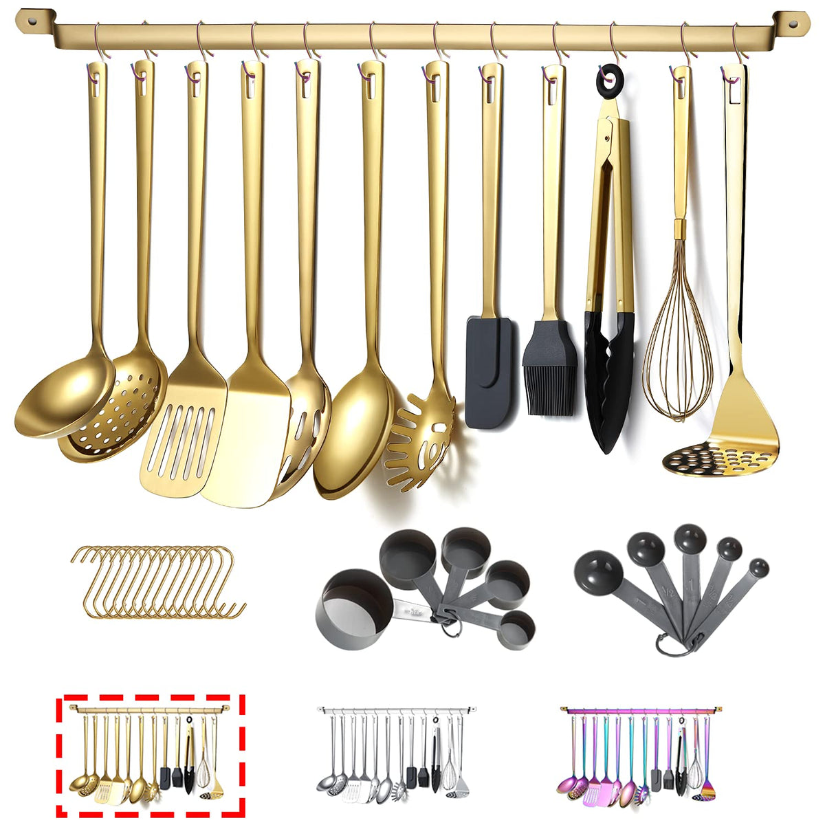 Gold Cooking Utensils Set, Kyraton Stainless Steel 37 Pieces Kitchen Utensils Set with Titanium Gold Plating, Kitchen Gadgets Tool Set with Utensils Racks Heat Resistant Dishwasher Safe