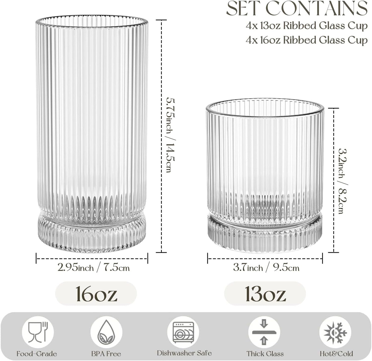 KEMORELA Ribbed Glassware Set of 8—4 Large Capacity Highball Glasses 16oz, 4 Rocks Glass Cups 13oz, Cocktail Glasses, Drinking Glasses Ideal for Beer, Juice, Ice Coffee Cup, Whiskey, Mixed Drinkware