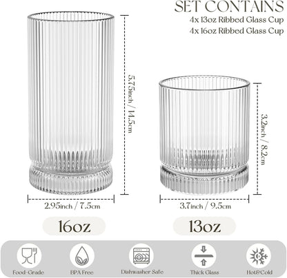 KEMORELA Ribbed Glassware Set of 8—4 Large Capacity Highball Glasses 16oz, 4 Rocks Glass Cups 13oz, Cocktail Glasses, Drinking Glasses Ideal for Beer, Juice, Ice Coffee Cup, Whiskey, Mixed Drinkware