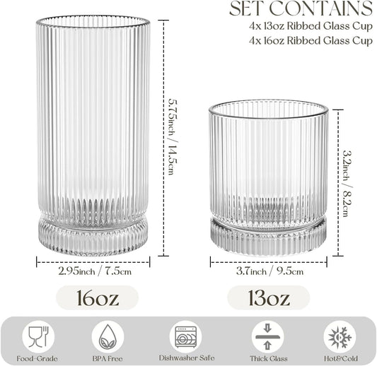 KEMORELA Ribbed Glassware Set of 8—4 Large Capacity Highball Glasses 16oz, 4 Rocks Glass Cups 13oz, Cocktail Glasses, Drinking Glasses Ideal for Beer, Juice, Ice Coffee Cup, Whiskey, Mixed Drinkware