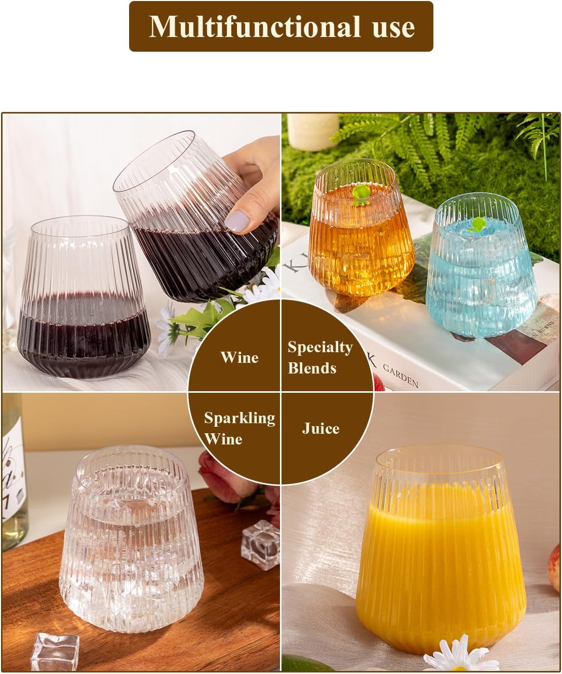 Goodluck 36 Pack 12oz Stemless Plastic Wine Glasses – Clear Ribbed Cups