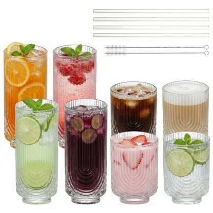 Ribbed Glass Cups with Straws, Pink Glass Drinking Cups, Drinking Glasses Set of 8, 13oz Highball & 10oz Water Glasses, Vintage Kitchen Glassware Set for Juice, Coffee, Cocktail, Whiskey