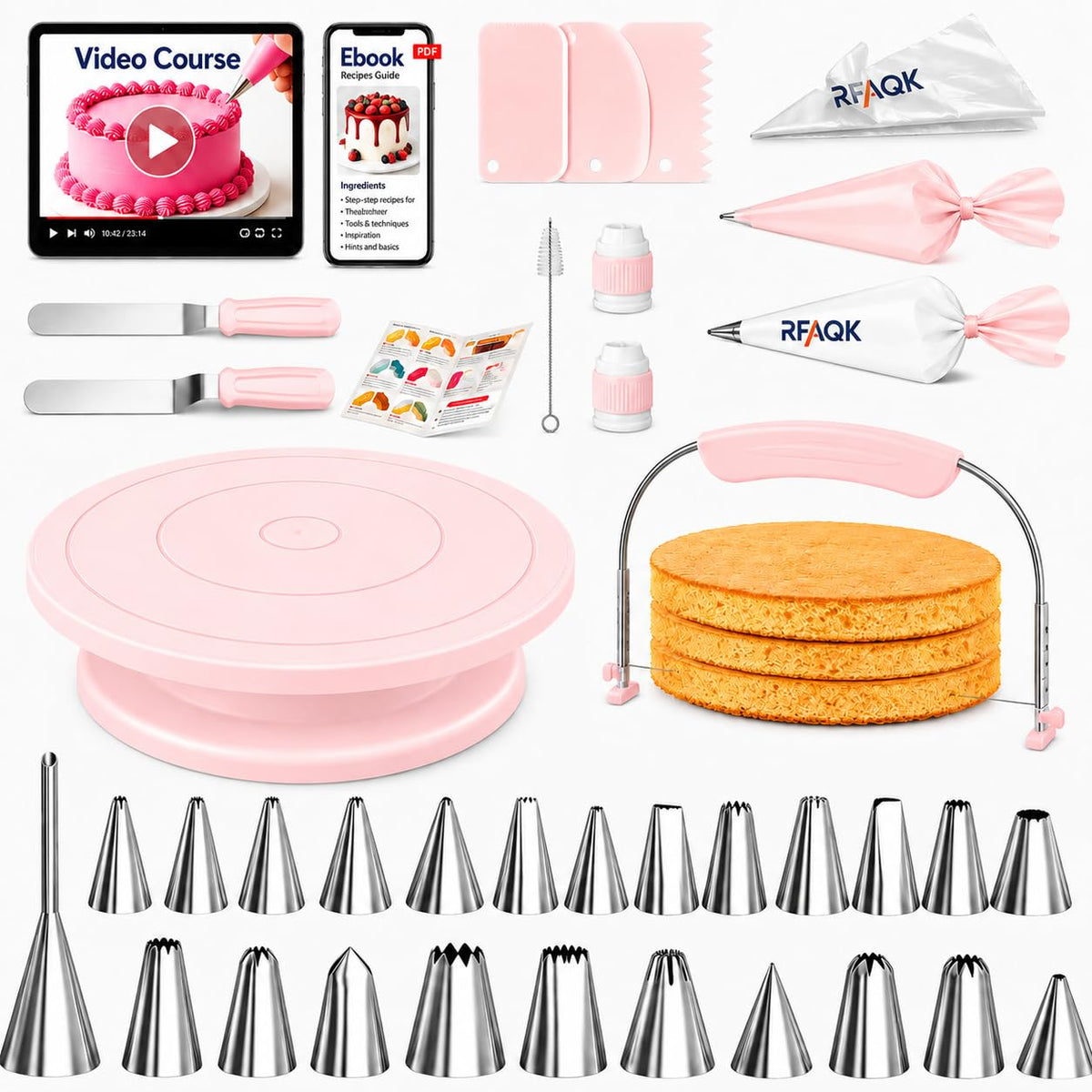 RFAQK 90PCs Cake Decorating Kit with Video Course for Beginner by Pro Baker