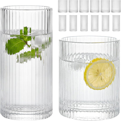 Moretoes Ribbed Glass Cups Set of 12 Drinking Glasses