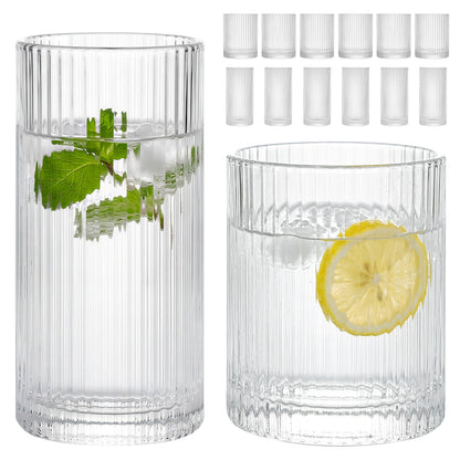 Moretoes Ribbed Glass Cups Set of 12 Drinking Glasses