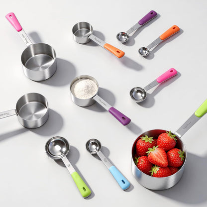 Bopei 10-Pcs Stainless Steel Measuring Cups & Spoons Set, Colorful Handles