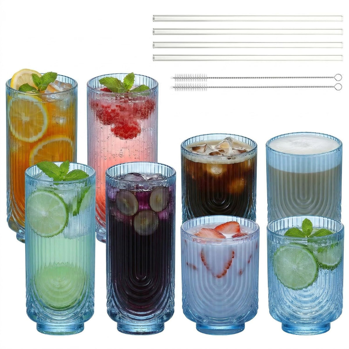 Ribbed Glass Cups with Straws, Pink Glass Drinking Cups, Drinking Glasses Set of 8, 13oz Highball & 10oz Water Glasses, Vintage Kitchen Glassware Set for Juice, Coffee, Cocktail, Whiskey