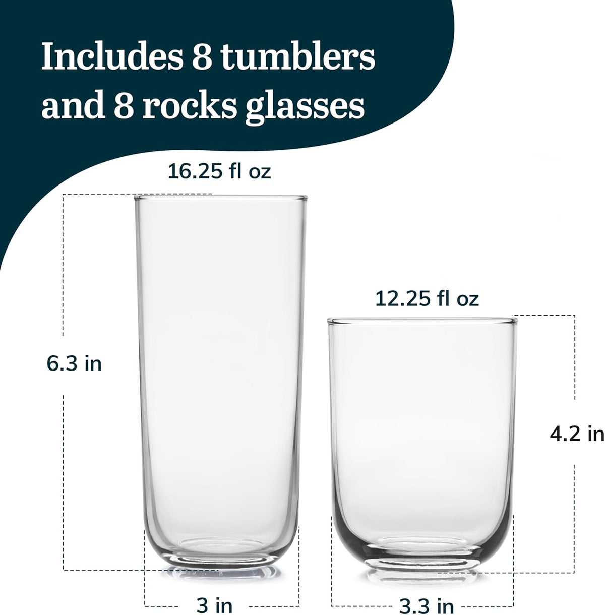 Libbey Polaris Axis Tumbler & Rocks Drinking Glasses Set of 16, Glass Cups