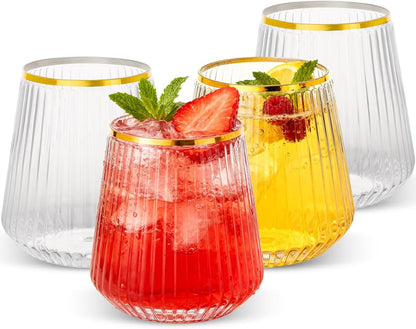 Goodluck 36 Pack 12oz Stemless Plastic Wine Glasses Clear Ribbed Gold Rim