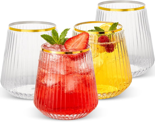 Goodluck 36 Pack 12oz Stemless Plastic Wine Glasses Clear Ribbed Gold Rim