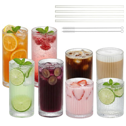 Ribbed Glass Cups with Straws, Pink Glass Drinking Cups, Drinking Glasses Set of 8, 13oz Highball & 10oz Water Glasses, Vintage Kitchen Glassware Set for Juice, Coffee, Cocktail, Whiskey