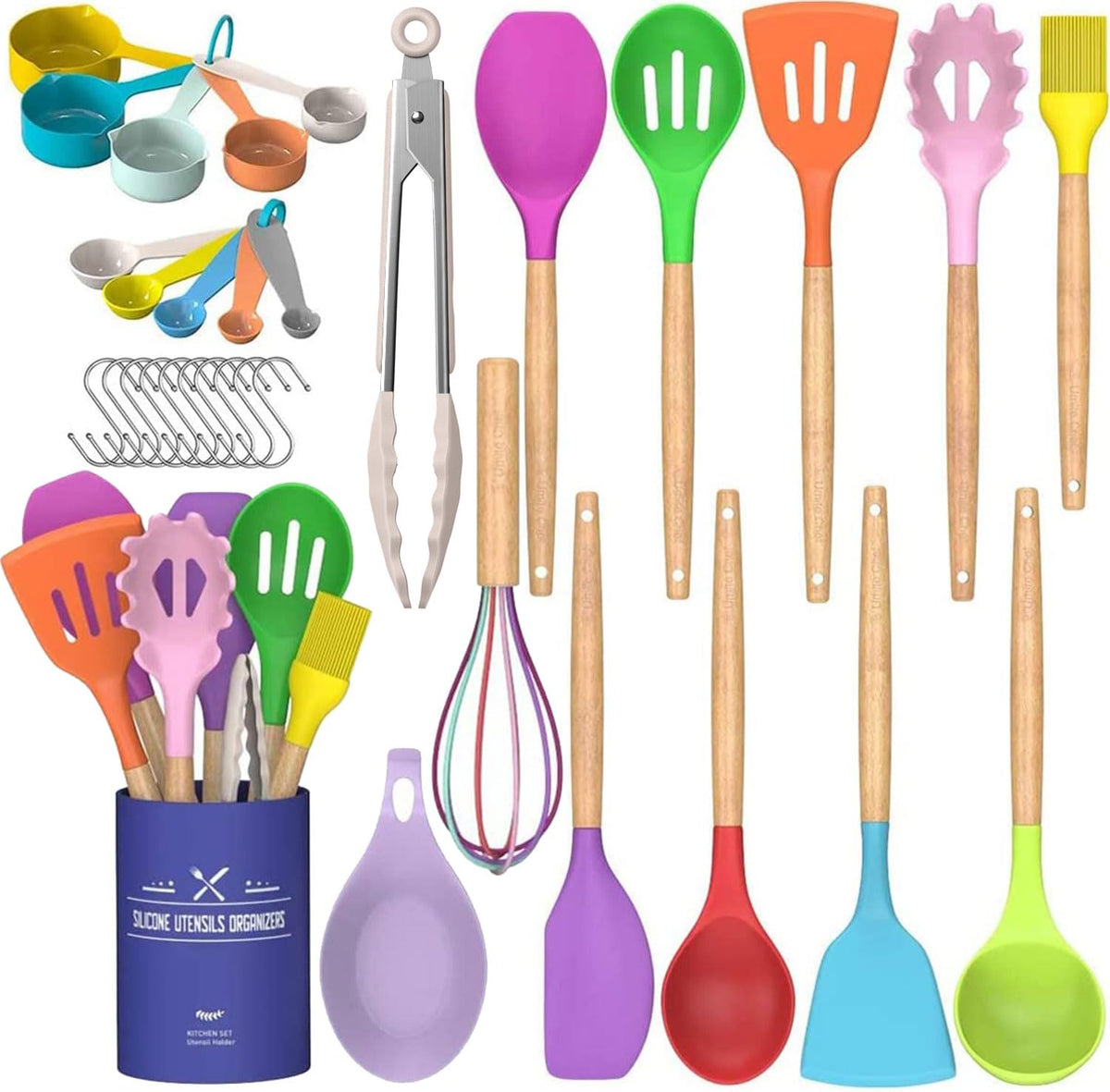 Umite Chef Kitchen Cooking Utensils Set, 33 pcs Non-Stick Silicone Cooking Kitchen Utensils Spatula Set with Holder, Wooden Handle Silicone Kitchen Gadgets Utensil Set (Khaki)