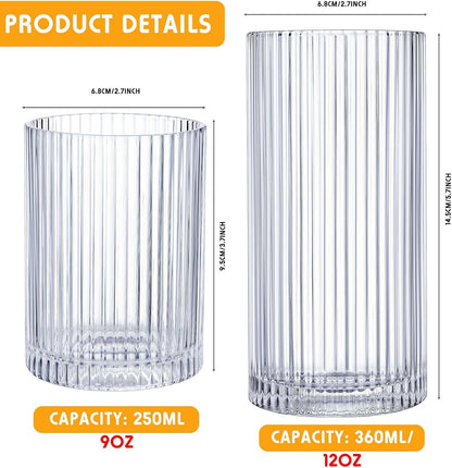 Zhehao 12 Pcs Ribbed Drinking Glasses Clear Vintage Cups Set, 9 oz 12 oz