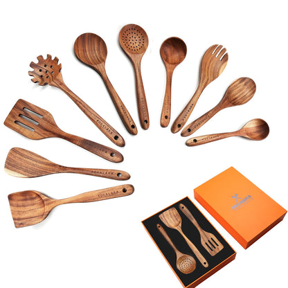 Wooden Spoons for Cooking,10 Pcs Natural Teak Wooden Kitchen Utensils Set Wooden Utensils for Cooking Wooden Cooking Utensils Wooden Spatulas for Cooking (10)