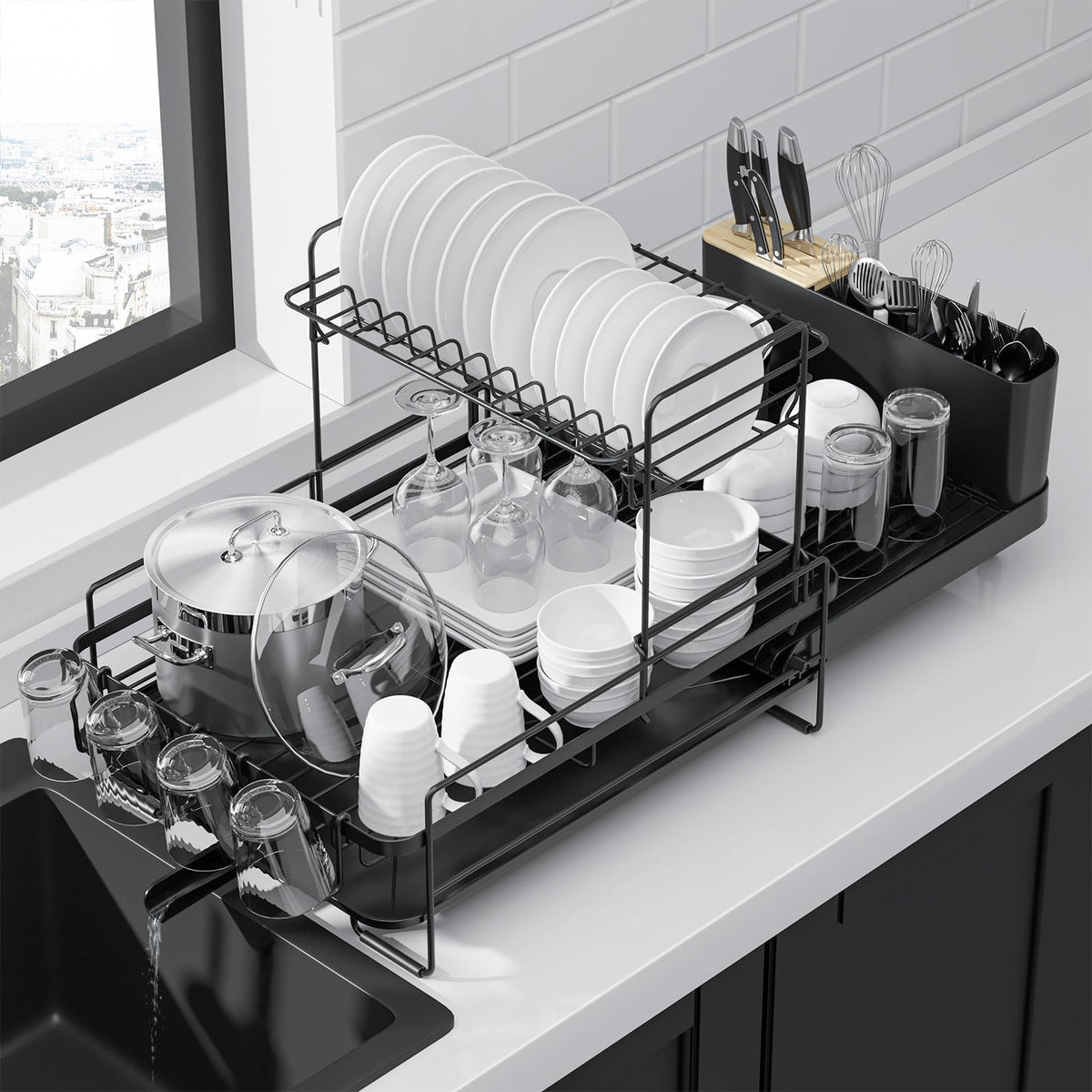 Kitsure Extendable Dish Drying Rack, 19.2"-26.7" L x 12.9" W, Black