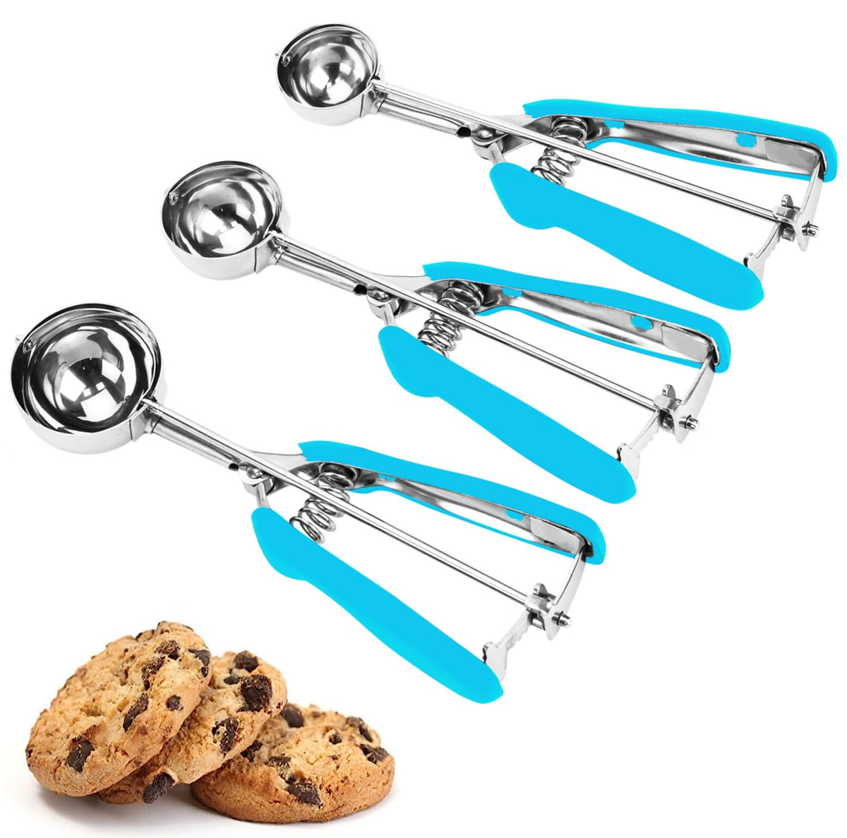 Cookie Scoop Set, 3Pcs Ice Cream Scoop, Cookie Scoops for Baking Set of 3, 18/8 Stainless Steel Cookie Scooper for Baking, Ice Cream Scooper with Trigger Release, Cookie Dough Scoop with Non-slip Grip