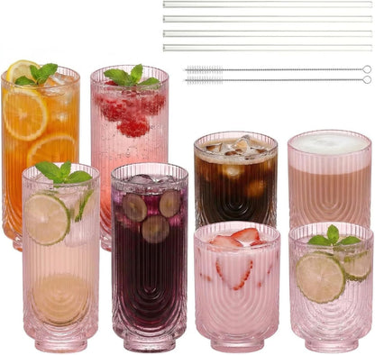 Ribbed Glass Cups with Straws, Pink Glass Drinking Cups, Drinking Glasses Set of 8, 13oz Highball & 10oz Water Glasses, Vintage Kitchen Glassware Set for Juice, Coffee, Cocktail, Whiskey