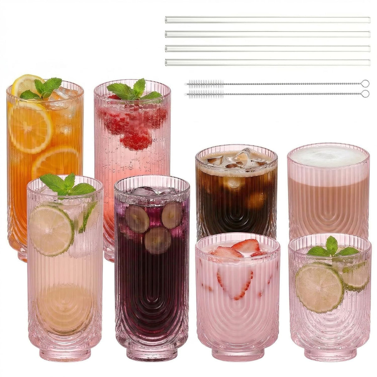 Ribbed Glass Cups with Straws, Pink Glass Drinking Cups, Drinking Glasses Set of 8, 13oz Highball & 10oz Water Glasses, Vintage Kitchen Glassware Set for Juice, Coffee, Cocktail, Whiskey