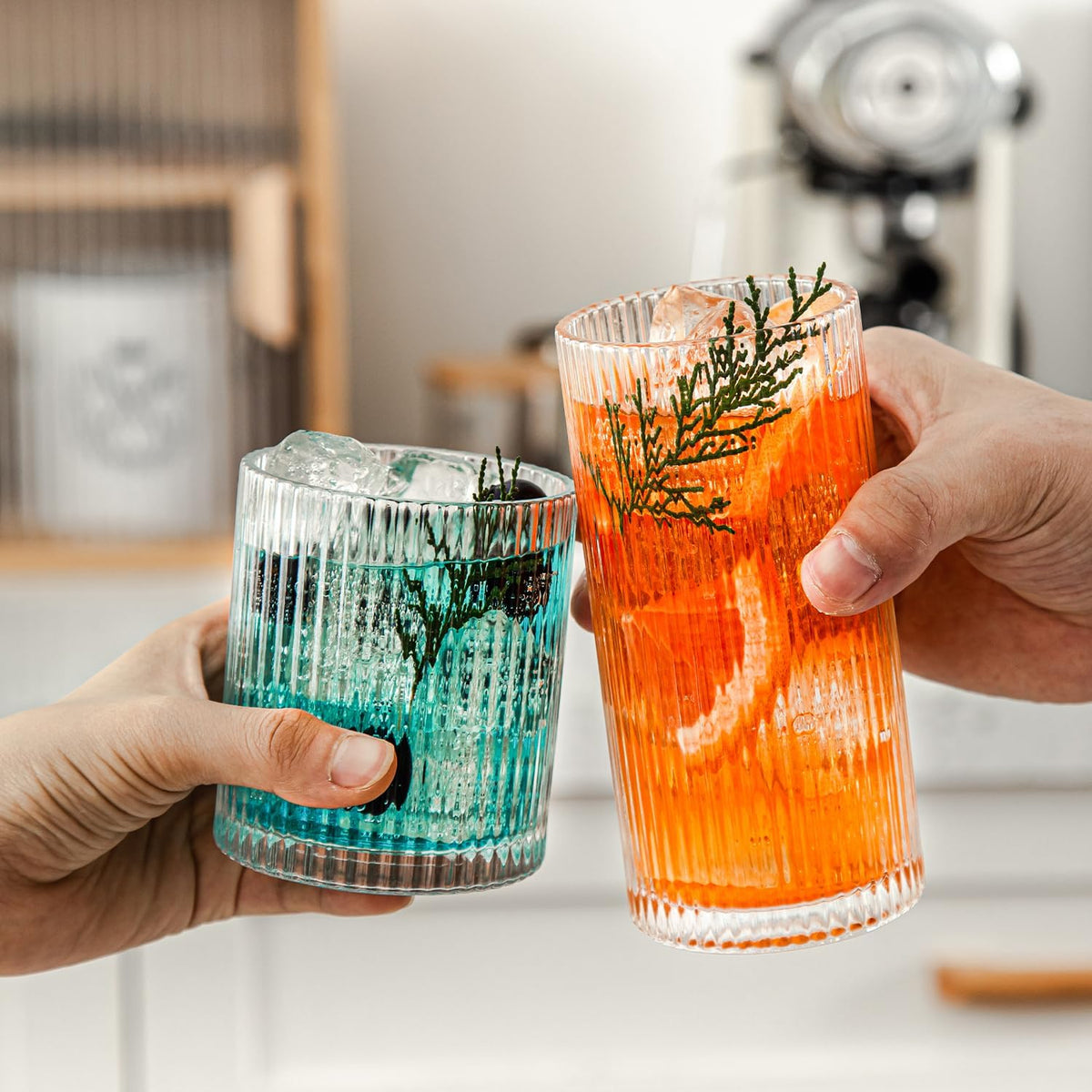 Ribbed Drinking Glasses Set of 8 - Vintage Glassware with 4 Highball (13oz) & 4 Rocks (10oz) Glass Cups, Elegant Cocktail Glasses for Water, Juice, and Ice Coffee, Mixed Drinkware