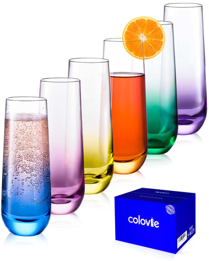 ColoVie Stemless Martini Glasses Set of 6, Colored Cocktail Cups, Home Bar