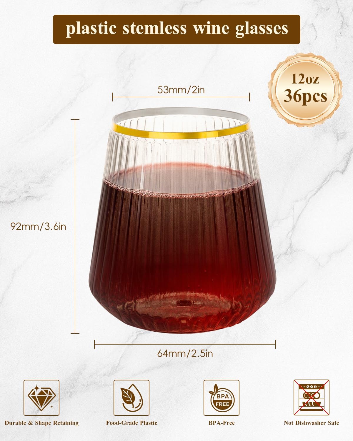 Goodluck 36 Pack 12oz Stemless Plastic Wine Glasses Clear Ribbed Gold Rim