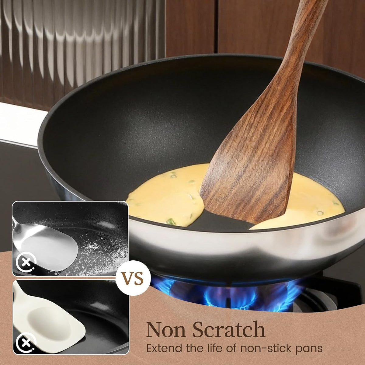 Kikcoin 10 PCS Durable Natural Teak Wooden Cooking Utensil Set, Non Toxic Wooden Spoons for Cooking, Wooden Utensil Set for Cooking with Comfort Grip, Nonstick & Easy to Clean Wood Kitchen Utensil Set