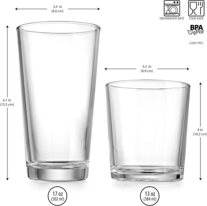 Glaver's Drinking Glasses Set of 12. Glassware set, 6 Highball Glass Cups, 6 Whiskey glasses. Classic Drinkware Set 17 oz Tall Glasses Set and 13 oz Rock Glasses.