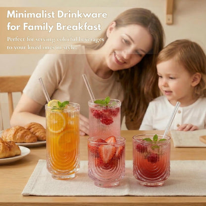 Ribbed Glass Cups with Straws, Pink Glass Drinking Cups, Drinking Glasses Set of 8, 13oz Highball & 10oz Water Glasses, Vintage Kitchen Glassware Set for Juice, Coffee, Cocktail, Whiskey
