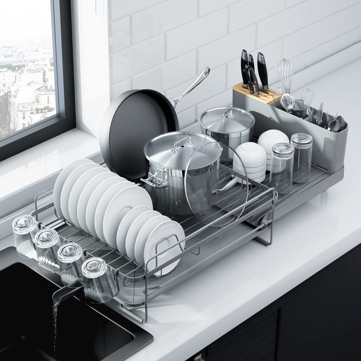 Kitsure Extendable Dish Drying Rack, 19.2"-26.7" L x 12.9" W, Black