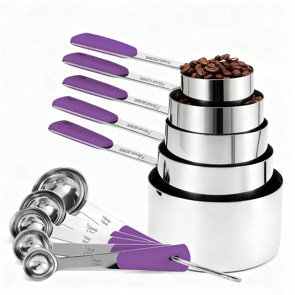 Bopei 10-Pcs Stainless Steel Measuring Cups & Spoons Set, Colorful Handles