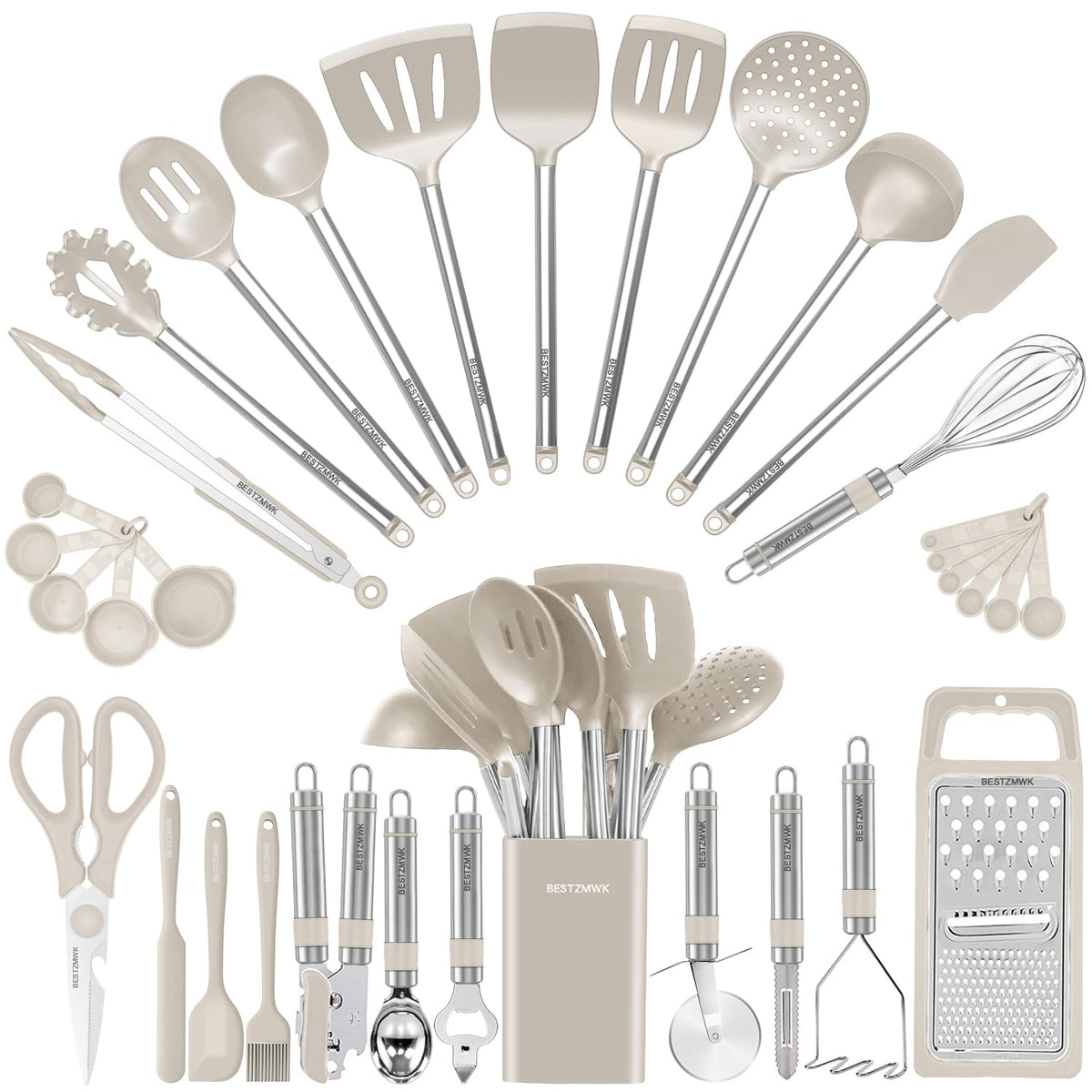 Kitchen Utensil Set-Silicone Cooking Utensils-33 Kitchen Gadgets & Spoons for Nonstick Cookware-Silicone and Stainless Steel Spatula Set-Best Kitchen Tools, Useful Pots (Grey)