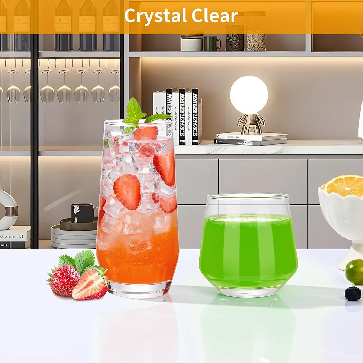 ZMOWIPDL Drinking Glasses Set of 8,Clear 13 oz & 18oz Crystal Glass Cups,Drinkware Glassware,Highball Water Tumbler,Short Stemless Wine Glasses，for Beer,Cocktail,Whiskey,Juice and Various Mixed Drinks