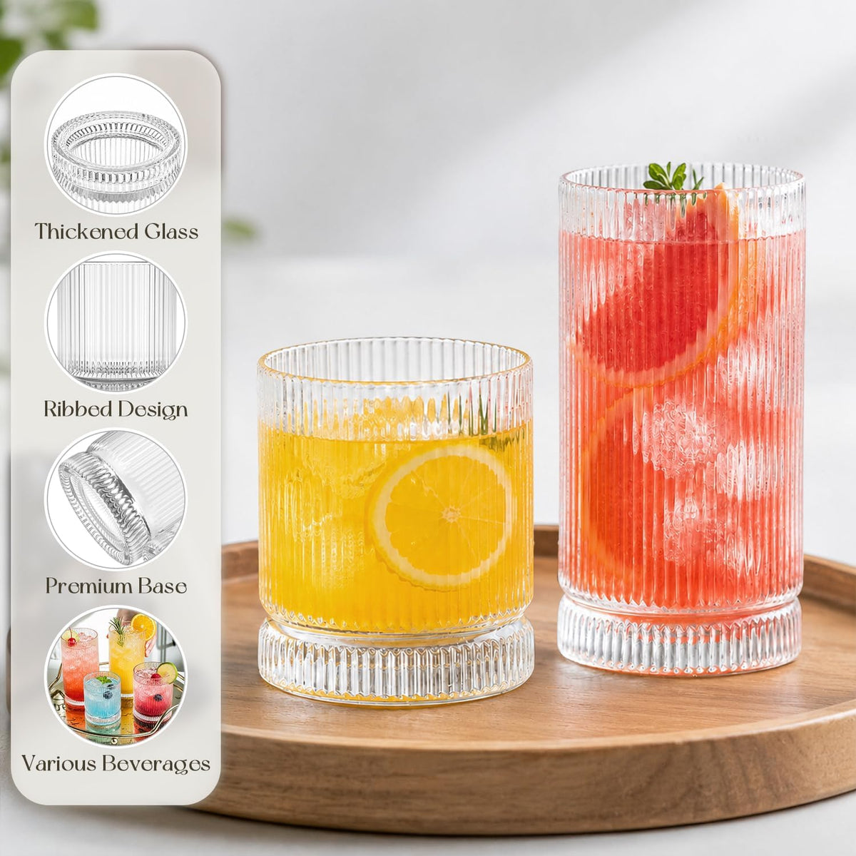 KEMORELA Ribbed Glassware Set of 8—4 Large Capacity Highball Glasses 16oz, 4 Rocks Glass Cups 13oz, Cocktail Glasses, Drinking Glasses Ideal for Beer, Juice, Ice Coffee Cup, Whiskey, Mixed Drinkware