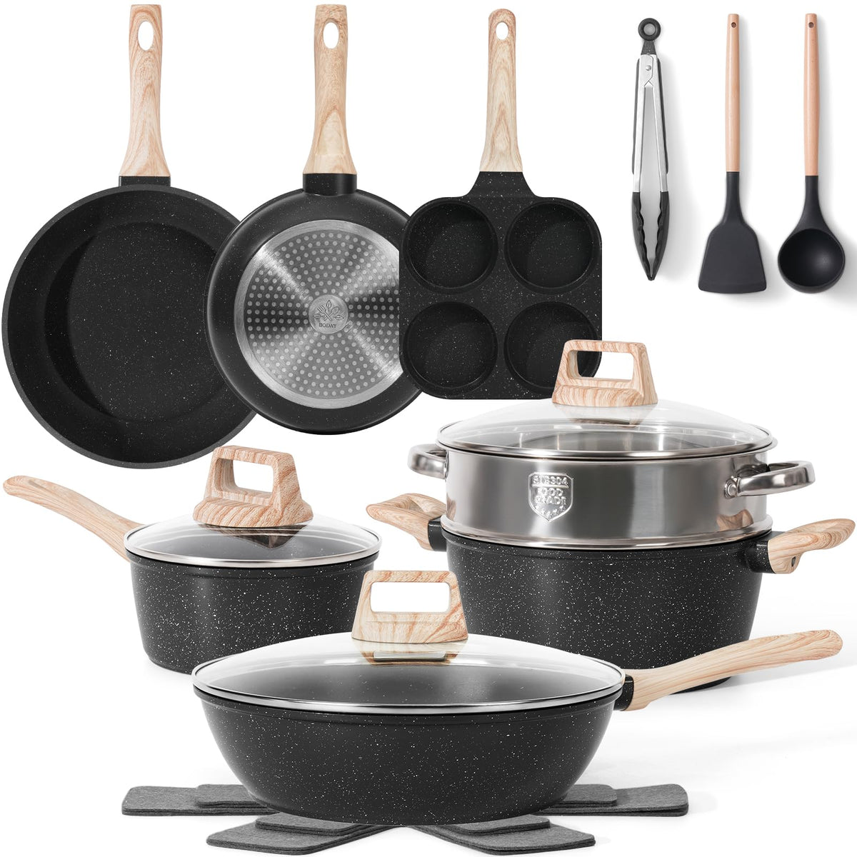 SODAY Pots and Pans Set Non Stick, 12Pcs Black Granite Induction Cookware