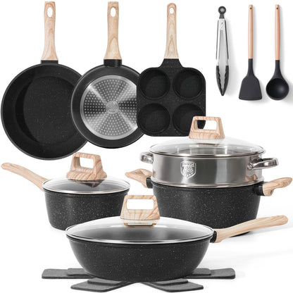 SODAY Pots and Pans Set Non Stick, 12Pcs Black Granite Induction Cookware