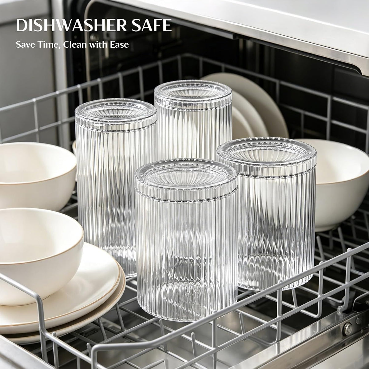 INSETLAN Set of 8 Vintage Glassware - 4 Highball Glasses 12 oz, 4 Rocks Glass Cups 14 oz, Ribbed Glassware Cocktail Glasses, Ideal for Wine, Juice, Water, Ice Coffee Cup, Whiskey, Mixed Drinkware