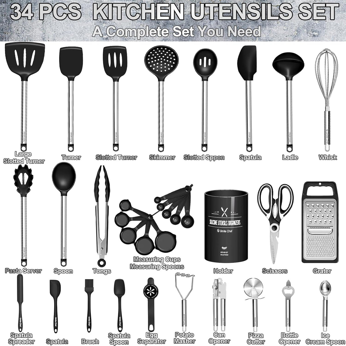 Umite Chef Thickened Kitchen Utensils Set- Silicone Cooking Utensils Set for Nonstick Cookware-Silicone Spatulas Set, Heavy Duty Stainless Steel Handle-Black Kitchen Gadgets Tools Set