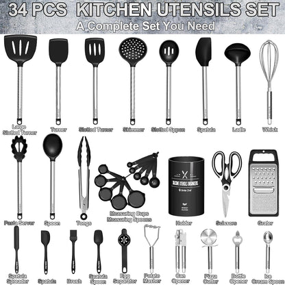 Umite Chef Thickened Kitchen Utensils Set- Silicone Cooking Utensils Set for Nonstick Cookware-Silicone Spatulas Set, Heavy Duty Stainless Steel Handle-Black Kitchen Gadgets Tools Set
