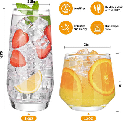 ZMOWIPDL Drinking Glasses Set of 8,Clear 13 oz & 18oz Crystal Glass Cups,Drinkware Glassware,Highball Water Tumbler,Short Stemless Wine Glasses，for Beer,Cocktail,Whiskey,Juice and Various Mixed Drinks