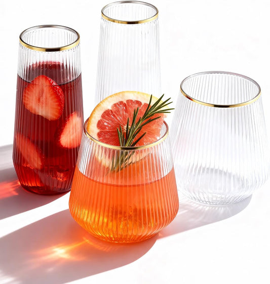 BESTSTAR 48Pack Gold Rim Disposable Ribbed Origami Ripple Plastic Glasses