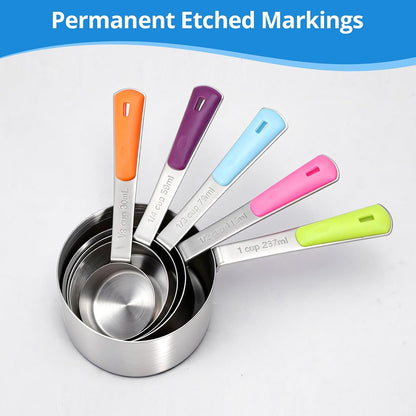 Bopei 10-Pcs Stainless Steel Measuring Cups & Spoons Set, Colorful Handles
